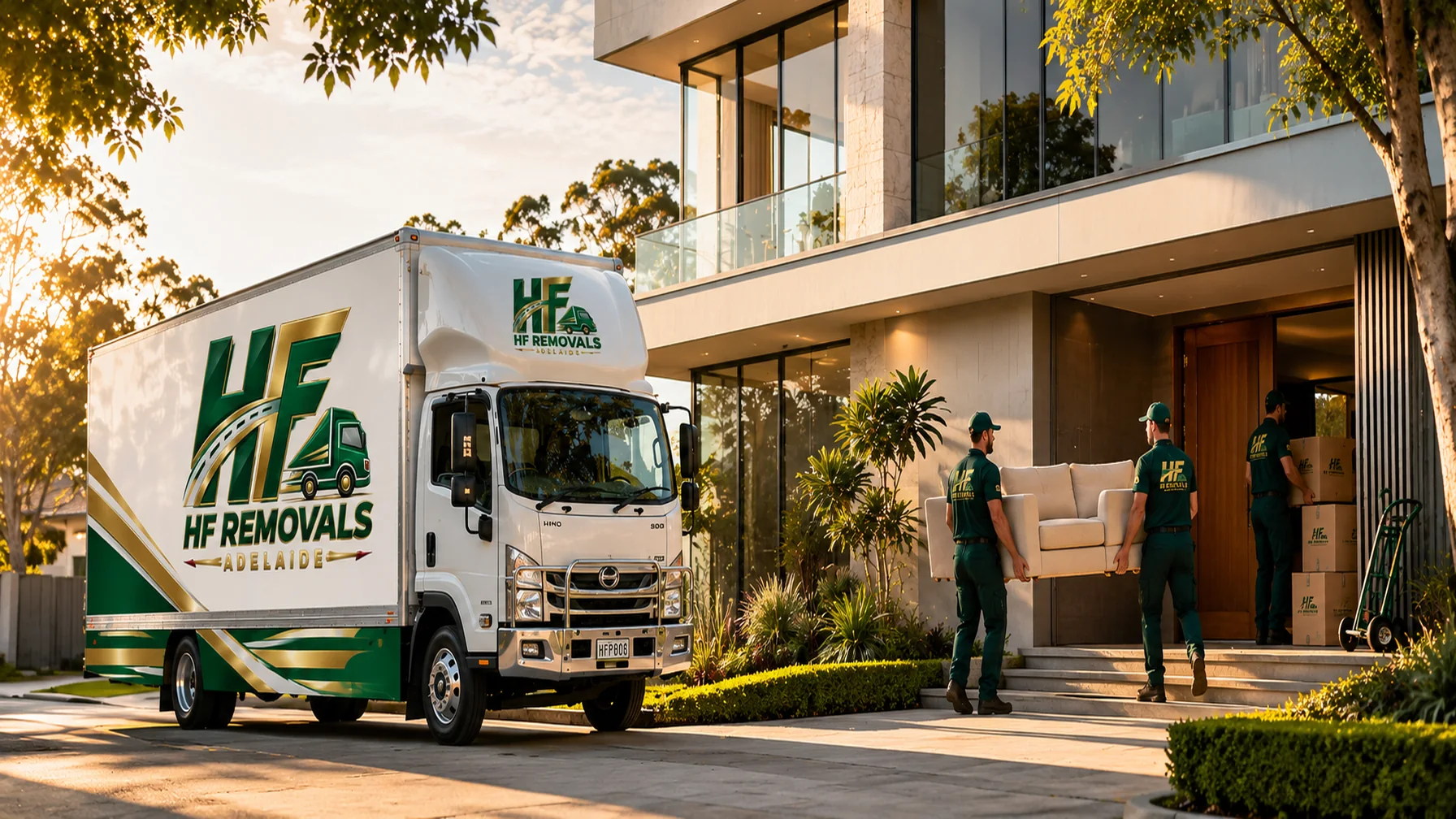 HF Removals Adelaide truck and movers outside a modern Adelaide home