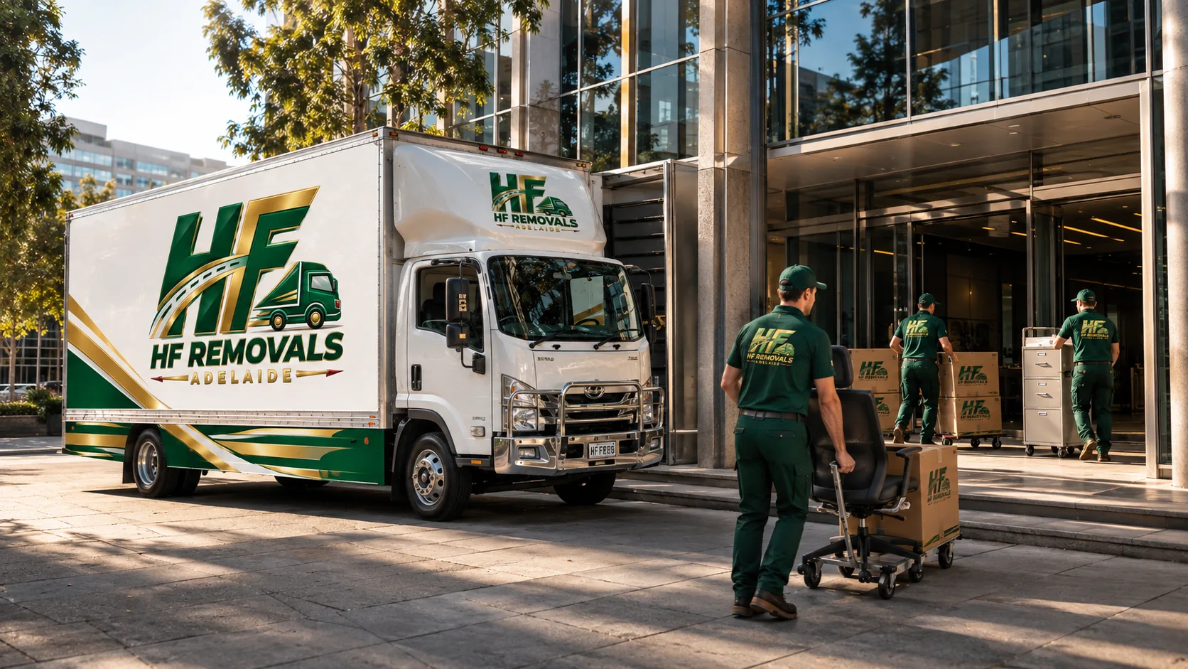 HF Removals Adelaide movers wheeling cartons, office chairs and a filing cabinet into a city office building