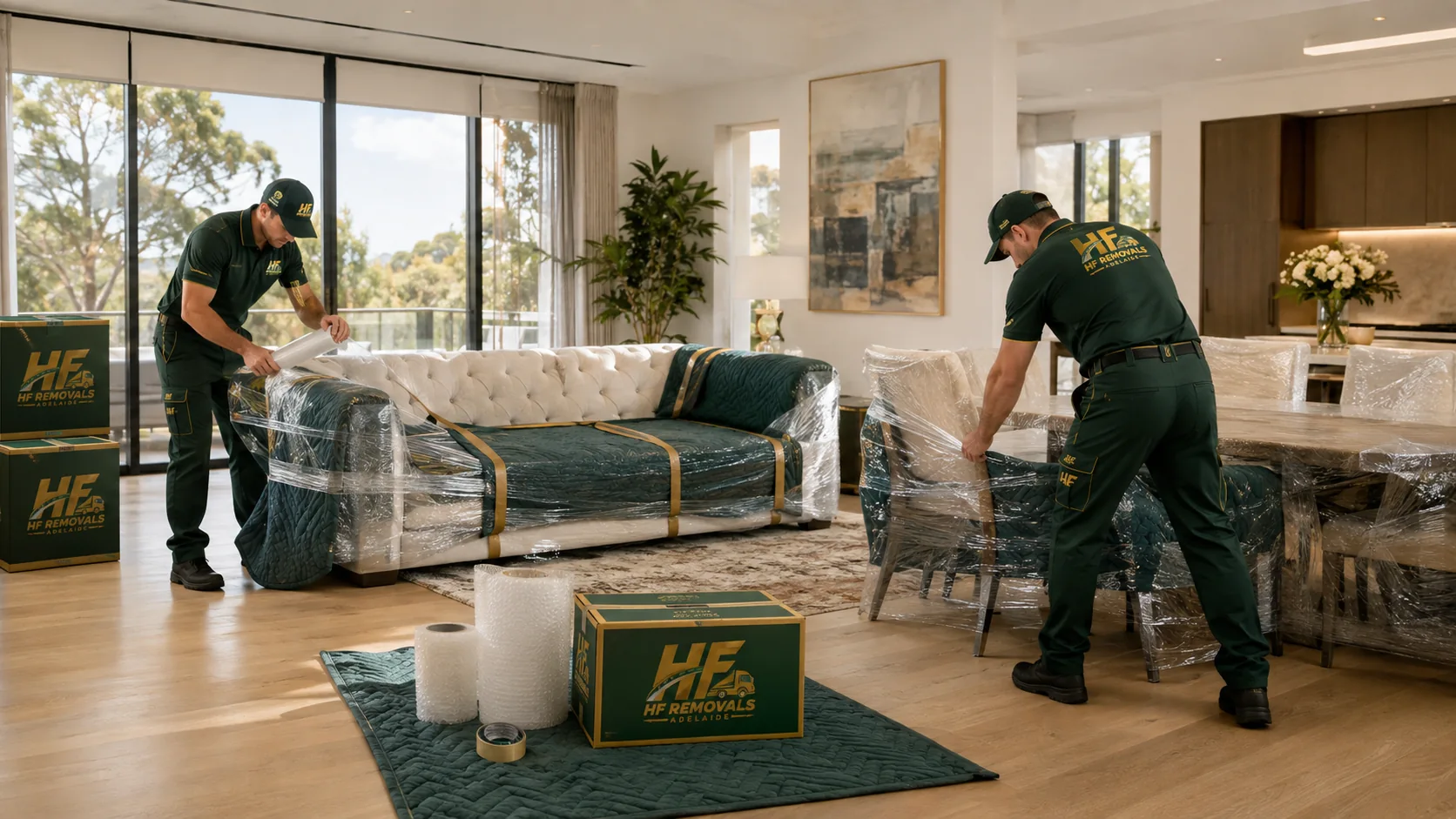 HF Removals Adelaide movers shrink-wrapping a mattress and padded furniture inside a home