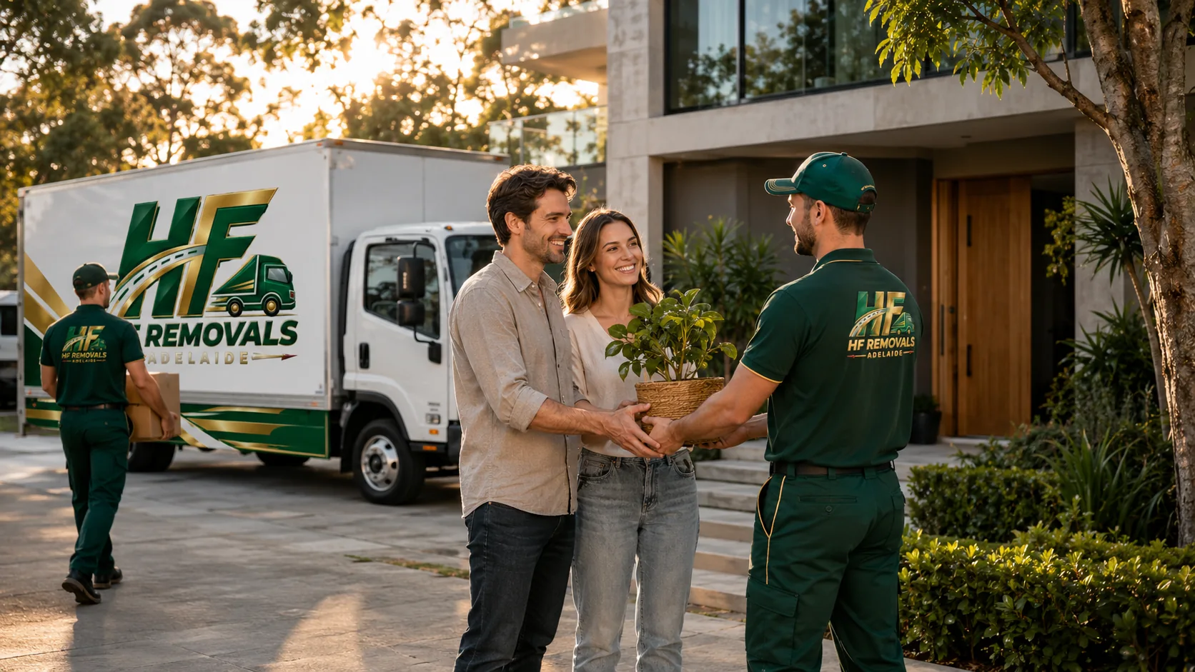 HF Removals Adelaide mover handing a pot plant to customers at the door of their new home, with the HF truck and cartons behind